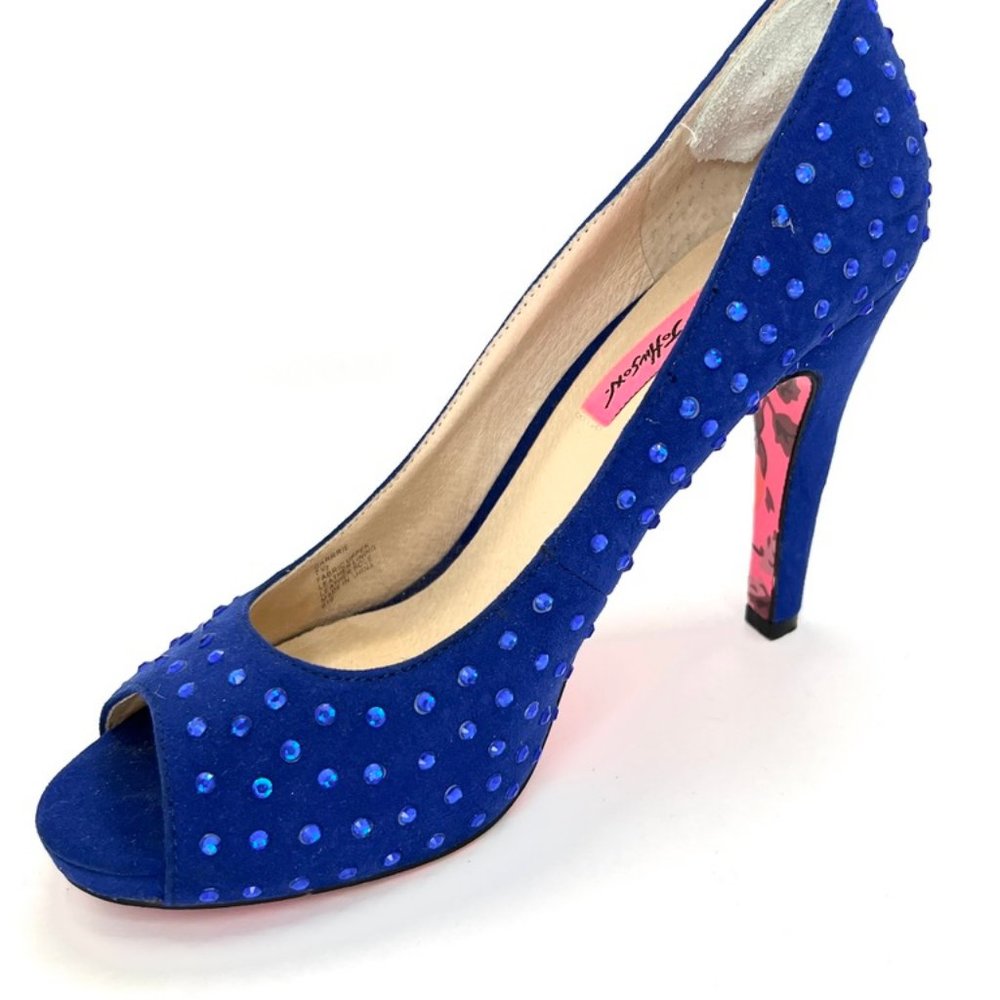 Betsey Johnson Blue Suede rhinestone Peep Toe Pumps Heels Shoes Sexy Starlet
